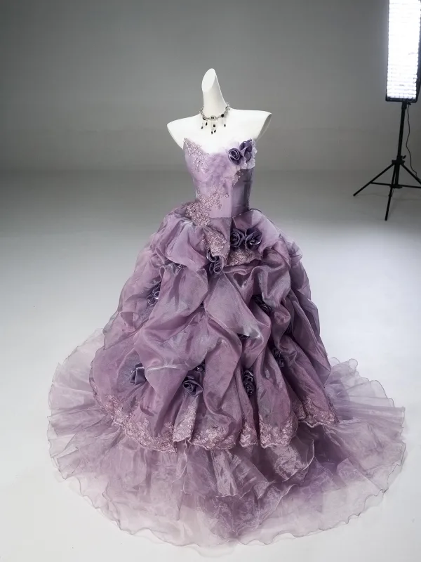 High-end Charming Purple Appliques Lace Flower Pearl Cascading Ruffles Prom Dresses 2025 Ball Gown Strapless Sleeveless Backless Sweep Train