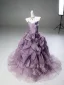 High-end Charming Purple Appliques Lace Flower Pearl Cascading Ruffles Prom Dresses 2025 Ball Gown Strapless Sleeveless Backless Sweep Train