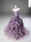 Luxury / Gorgeous Fashion Purple Pearl Lace Flower Appliques Ruffle Prom Dresses 2026 Ball Gown Strapless Sleeveless Backless Sweep Train