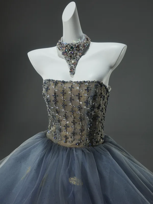 Luxury / Gorgeous Sky Blue Cascading Ruffles Prom Dresses Homecoming Graduation Dresses 2025 Ball Gown Strapless Handmade  Beading Sleeveless Backless Chapel Train Formal Dresses