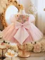 Chic / Beautiful Blushing Pink Short Lace Flower Bow Birthday Flower Girl Dresses 2024 Ball Gown Scoop Neck Short Sleeve Tulle