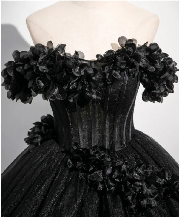 Elegant Black Appliques Prom Dresses 2025 Ball Gown Off-The-Shoulder Short Sleeve Backless Floor-Length / Long Formal Dresses