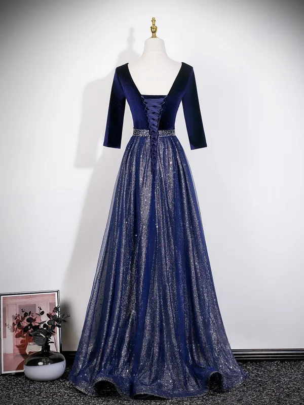 Vintage / Retro Ocean Blue Sequins Prom Dresses 2026 A-Line / Princess Square Neckline 3/4 Sleeve Backless Tulle
