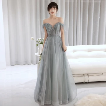Modest Simple Grey Prom Dresses 2022 A Line Princess Off The Shoulder Sleeveless Backless Beading Rhinestone Sequins Floor Length Long Prom Formal Dresses