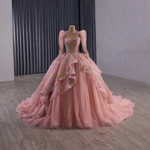 Luksus Rødmende Rosa Håndlaget Beading Paljetter Blonder Blomst Ballkjoler 2025 Ballkjole Kjæreste Uten Ermer Ryggløse Domstol Tog Formelle Kjoler