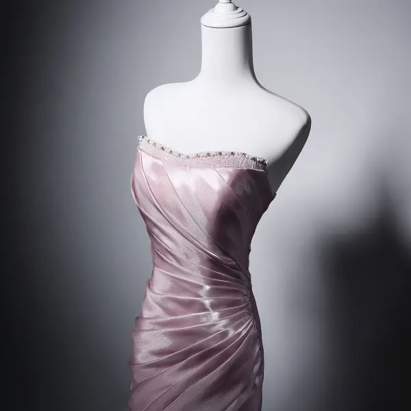 Sexy Rosa Perlenstickerei Pailletten Abendkleider 2026 Meerjungfrau Bandeau Ärmellos Rückenfreies Sweep / Pinsel Zug Abend Festliche Kleider