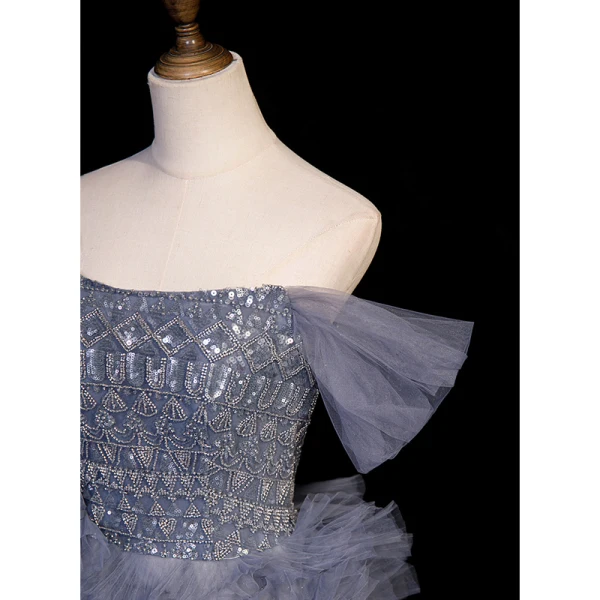 Sexy Ocean Blue Cascading Ruffles Beading Sequins Prom Dresses 2023 A-Line / Princess Off-The-Shoulder Short Sleeve Backless Floor-Length / Long Flower Girl Dresses