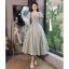 Modest / Simple Sage Green Homecoming Graduation Dresses 2022 A-Line / Princess Satin High Neck Beading Tassel Short Sleeve Backless Sash Bow Floor-Length / Long Formal Dresses