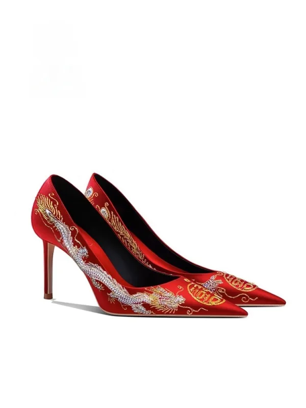 Chinese style Red Embroidered Leather Wedding Shoes 2026 6 cm Stiletto Heels Pointed Toe Wedding High Heels