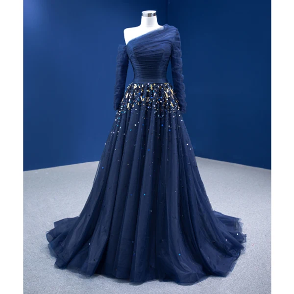 Vintage High End Marineblau Pailletten Ballkleider 2022 A Linie One-Shoulder Lange Ärmel Rückenfreies Sweep / Pinsel Zug Ball Festliche Kleider