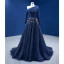 Vintage High End Marineblau Pailletten Ballkleider 2022 A Linie One-Shoulder Lange Ärmel Rückenfreies Sweep / Pinsel Zug Ball Festliche Kleider