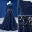 Vintage High End Marineblau Pailletten Ballkleider 2022 A Linie One-Shoulder Lange Ärmel Rückenfreies Sweep / Pinsel Zug Ball Festliche Kleider