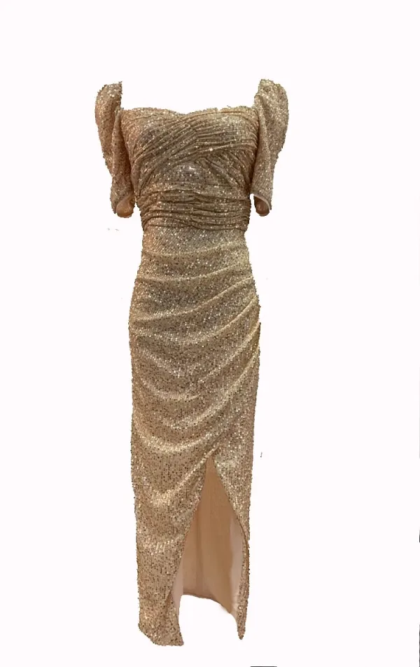 Sexy Champagne Paillettes Robe De Soirée 2023 Trompette / Sirène Encolure Carrée Manches Longues Dos Nu Thé Longueur Soirée Robe De Ceremonie