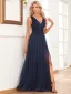 Modest / Simple Navy Blue Glitter Split Front Evening Dresses 2024 A-Line / Princess V-Neck Sleeveless Backless Floor-Length / Long Evening Party Formal Dresses