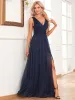 Modest / Simple Navy Blue Glitter Split Front Evening Dresses 2024 A-Line / Princess V-Neck Sleeveless Backless Floor-Length / Long Evening Party Formal Dresses
