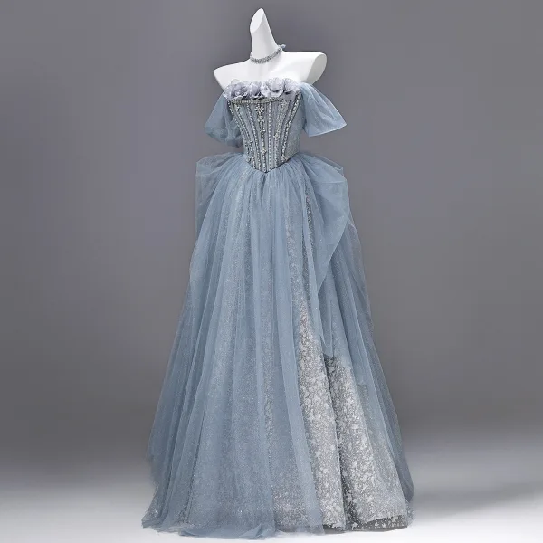 Bling Bling Himmelblau Strass Pailletten Applikationen Ballkleider 2026 A Linie Off Shoulder Kurze Ärmel Rückenfreies Lange Festliche Kleider