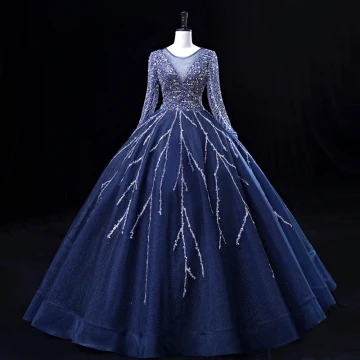 Vintage Retro Navy Blue Beading Sequins Prom Dresses 2022 Ball Gown Scoop Neck Backless Long Sleeve Floor Length Long Prom Formal Dresses
