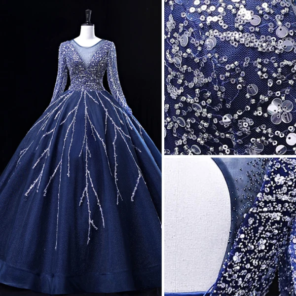 Vintage / Originale Bleu Marine Perlage Paillettes Robe De Bal 2022 Robe Boule Encolure Dégagée Dos Nu Manches Longues Longue Promo Robe De Ceremonie