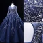 Vintage / Originale Bleu Marine Perlage Paillettes Robe De Bal 2022 Robe Boule Encolure Dégagée Dos Nu Manches Longues Longue Promo Robe De Ceremonie