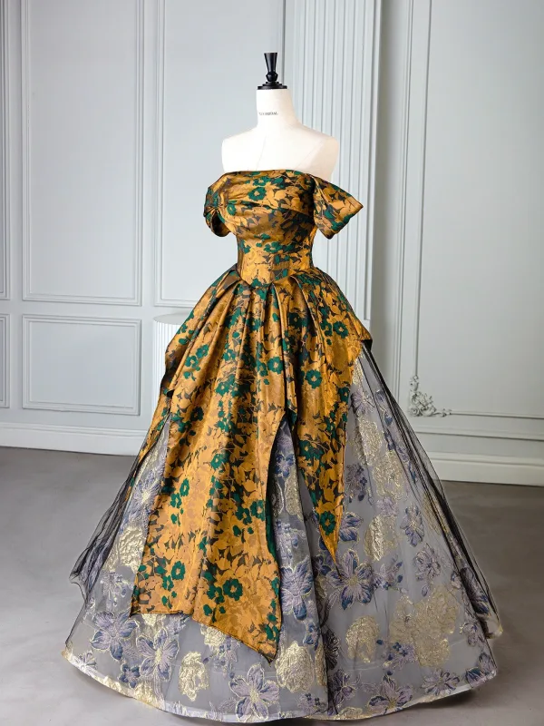 Vintage / Retro Tan Printing Prom Dresses 2025 Ball Gown Off-The-Shoulder Short Sleeve Backless Floor-Length / Long Formal Dresses