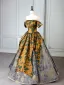 Vintage / Retro Tan Printing Prom Dresses 2025 Ball Gown Off-The-Shoulder Short Sleeve Backless Floor-Length / Long Formal Dresses