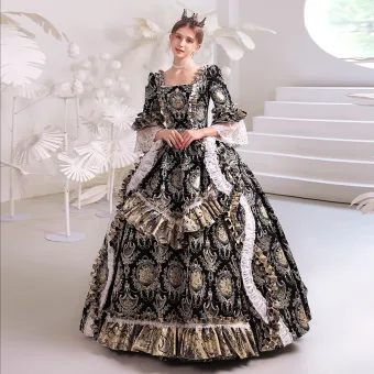 Médiévale Vintage Originale Gothique Noire Impression Robe De Bal 2022 Robe Boule Encolure Carrée Manches De Cloche Dos Nu Longue Robe De Ceremonie