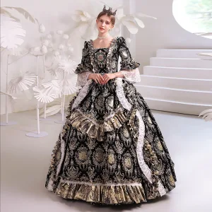 Mittelalterlich Vintage Gotische Schwarz Drucken Ballkleider 2022 Ballkleid Eckiger Ausschnitt Glockenhülsen Rückenfreies Lange Festliche Kleider