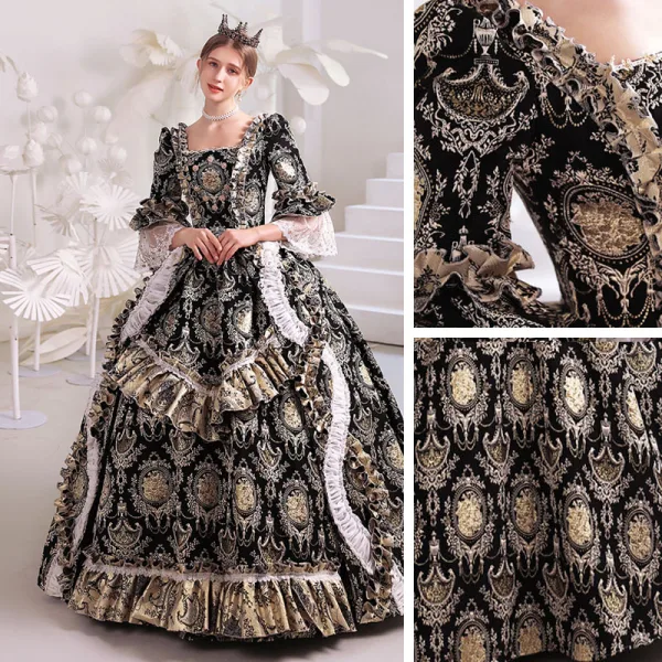 Medieval Vintage / Retro Gothic Black Printing Prom Dresses 2022 Ball Gown Square Neckline Bell sleeves Backless Floor-Length / Long Formal Dresses