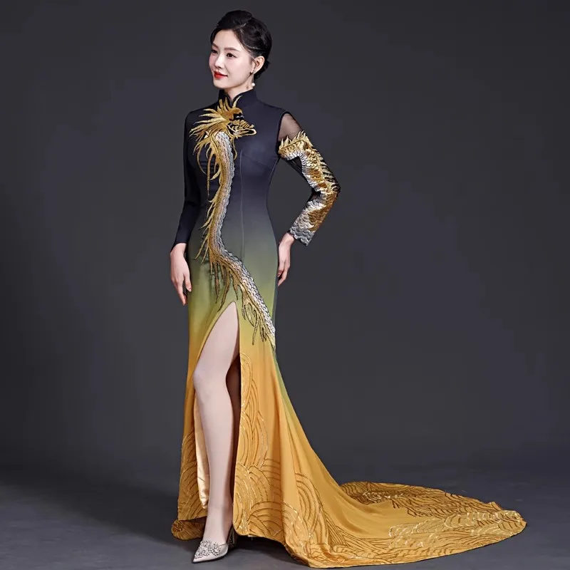 Chinese Style Vintage Retro Black Gold Satin Split Front Evening Dresses 2023 Trumpet
