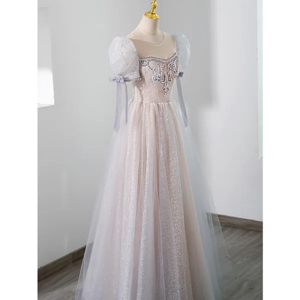 Illusion Blushing Pink Beading Rhinestone Evening Dresses 2023 A-Line / Princess Scoop Neck Short Sleeve Backless Floor-Length / Long Evening Party Formal Dresses
