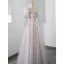 Illusion Blushing Pink Beading Rhinestone Evening Dresses 2023 A-Line / Princess Scoop Neck Short Sleeve Backless Floor-Length / Long Evening Party Formal Dresses