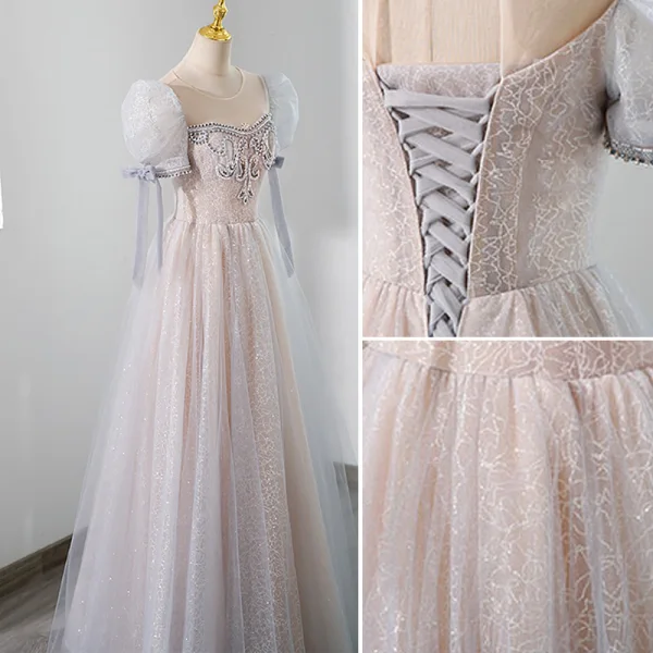 Illusion Blushing Pink Beading Rhinestone Evening Dresses 2023 A-Line / Princess Scoop Neck Short Sleeve Backless Floor-Length / Long Evening Party Formal Dresses