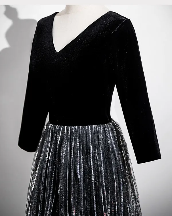 Chic / Beautiful Black Sequins Prom Dresses 2025 A-Line / Princess V-Neck Long Sleeve Backless Floor-Length / Long Prom Formal Dresses