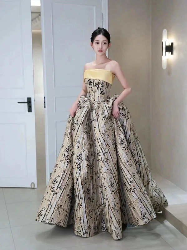 Elegant Candy Pink Printing Prom Dresses 2025 Ball Gown Strapless Sleeveless Backless Floor-Length / Long Prom Formal Dresses