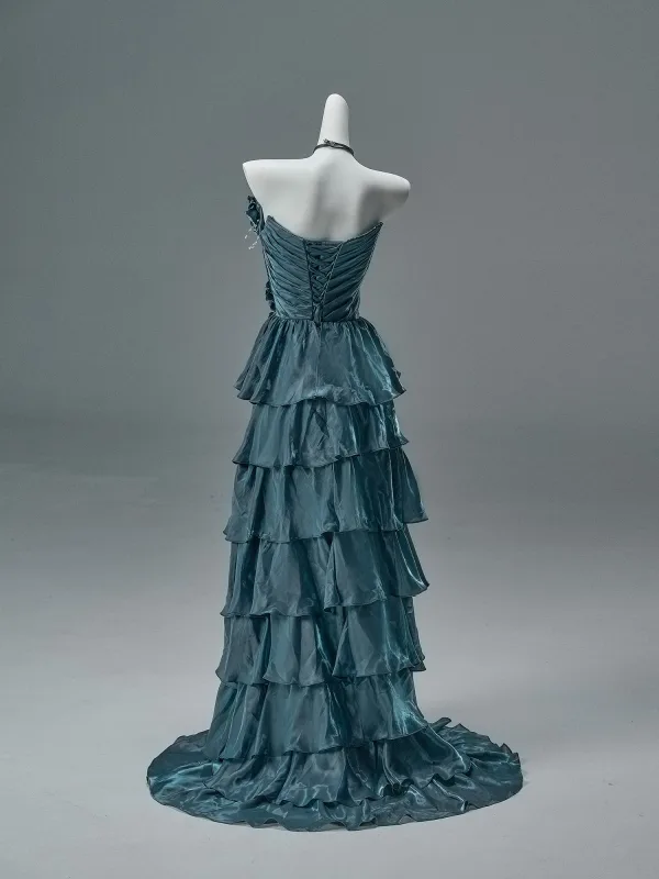 Haut de Gamme Vert Foncé Perlage Volants en Cascade Robe De Soirée 2026 Princesse Bustier Sans Manches Dos Nu Longue Robe De Ceremonie