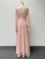 Simple Rougissant Rose Chiffon Robe De Bal 2024 Princesse V-Cou Manches Longues Dos Nu Longue Promo Robe De Ceremonie