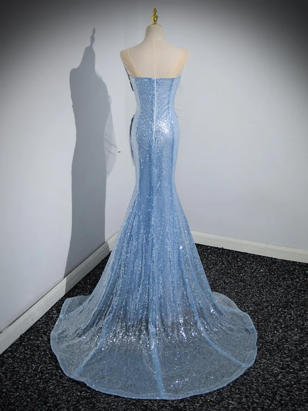 Sexy Bleu Ciel Paillettes Robe De Soirée 2023 Trompette / Sirène Bustier Sans Manches Dos Nu Train De Balayage Soirée Robe De Ceremonie