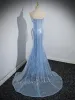 Sexy Sky Blue Sequins Evening Dresses 2023 Trumpet / Mermaid Strapless Sleeveless Backless Sweep Train Evening Party Formal Dresses