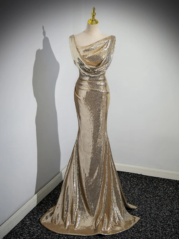 Scintillantes Doré Paillettes Robe De Soirée 2023 Trompette / Sirène Une épaule Sans Manches Dos Nu Longue Soirée Robe De Ceremonie
