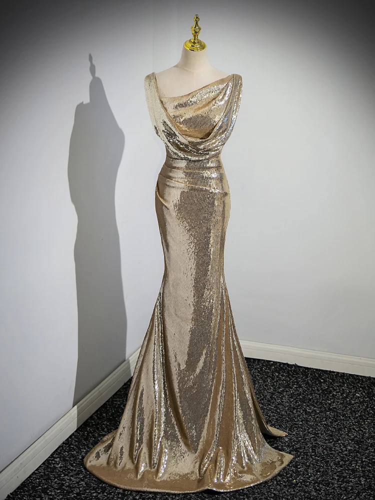 Sparkly Gold Sequins Split Front Evening Dresses 2023 Trumpet Mermaid One-Shoulder Long