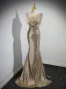 Sparkly Gold Sequins Split Front Evening Dresses 2023 Trumpet / Mermaid One-Shoulder Sleeveless Backless Floor-Length / Long Evening Party Formal Dresses