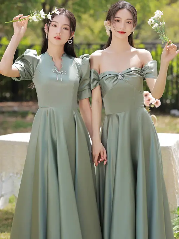 Simple Vert Cendré Satin Robe Demoiselle D'honneur 2022 Princesse Manches Courtes Dos Nu Noeud Longue Robe Demoiselle D'honneur