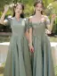 Simple Vert Cendré Satin Robe Demoiselle D'honneur 2022 Princesse Manches Courtes Dos Nu Noeud Longue Robe Demoiselle D'honneur