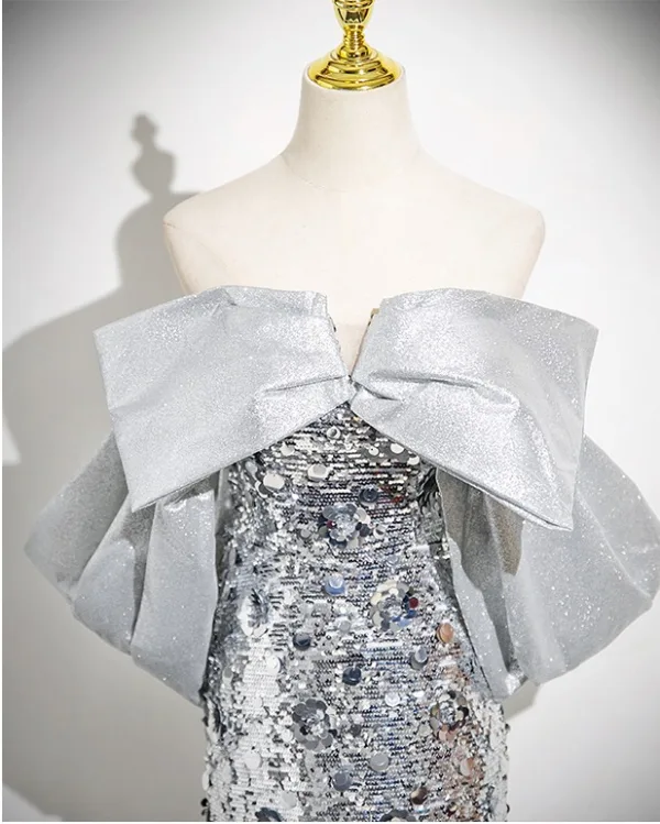 Scintillantes Argenté Paillettes Robe De Soirée 2025 Trompette / Sirène De l'épaule Sans Manches Dos Nu Train De Balayage Soirée Robe De Ceremonie