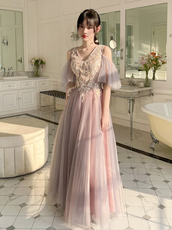 Chic / Beautiful Blushing Pink Lace Flower Bridesmaid Dresses 2023 A-Line / Princess Short Sleeve Backless Floor-Length / Long Bridesmaid Dresses