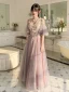 Chic / Beautiful Blushing Pink Lace Flower Bridesmaid Dresses 2023 A-Line / Princess Short Sleeve Backless Floor-Length / Long Bridesmaid Dresses