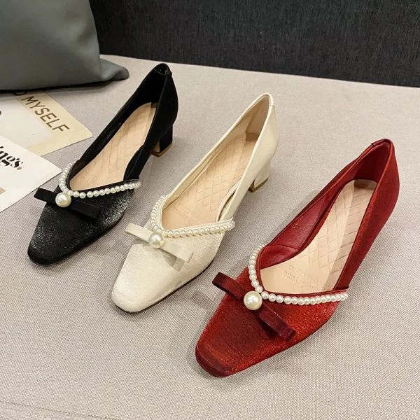 Élégant Noire Promo Perle Noeud Escarpins 2022 4 cm Talon Bas Talons Épais Pied Carré Escarpins Talons Hauts