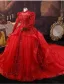 Vintage / Retro Red Beading Sequins Wedding Dresses 2025 Ball Gown High Neck Long Sleeve Backless Royal Train Wedding