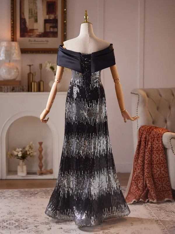Scintillantes Noire Paillettes Robe De Bal 2026 Trompette / Sirène De l'épaule Manches Courtes Dos Nu Longue Robe De Ceremonie