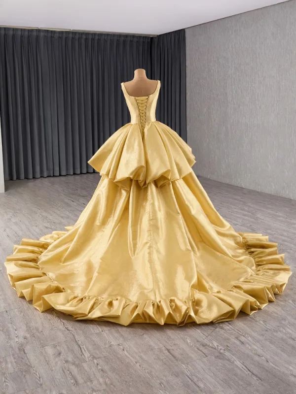 Couture Gold Cascading Ruffles Prom Dresses 2024 Ball Gown V-Neck Sleeveless Backless Chapel Train Prom Formal Dresses